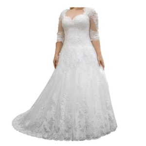 Plus Size Lace Bridal Gown with 3/4 Sleeves